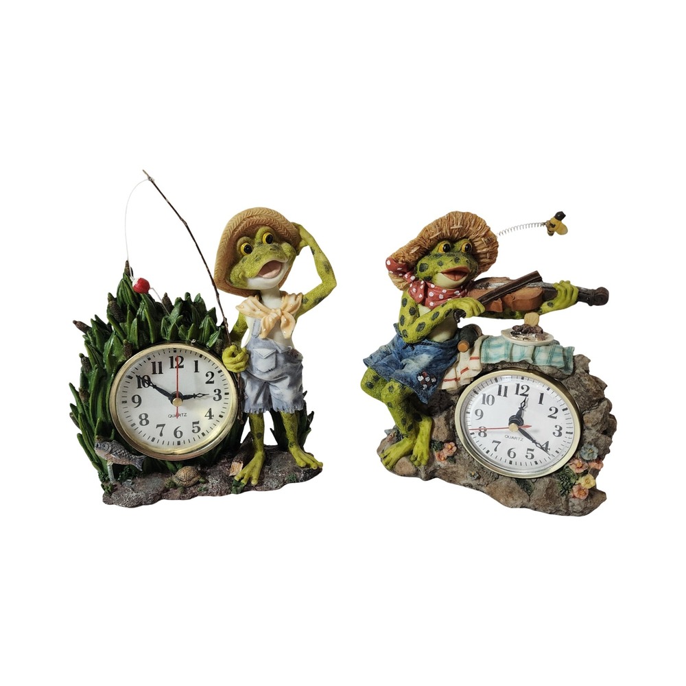 Set of 2 Whimsical Frog Desk Clocks Fishing and Violin Resin Novelty Decor 7in